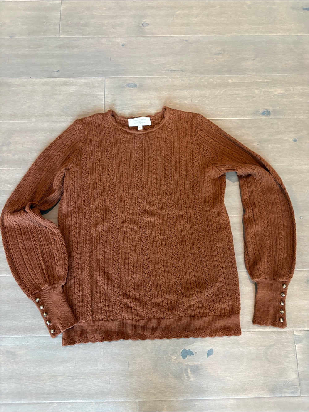 Sezane Rust Brown Cable-Knit Crew Sweater with Button Cuffs